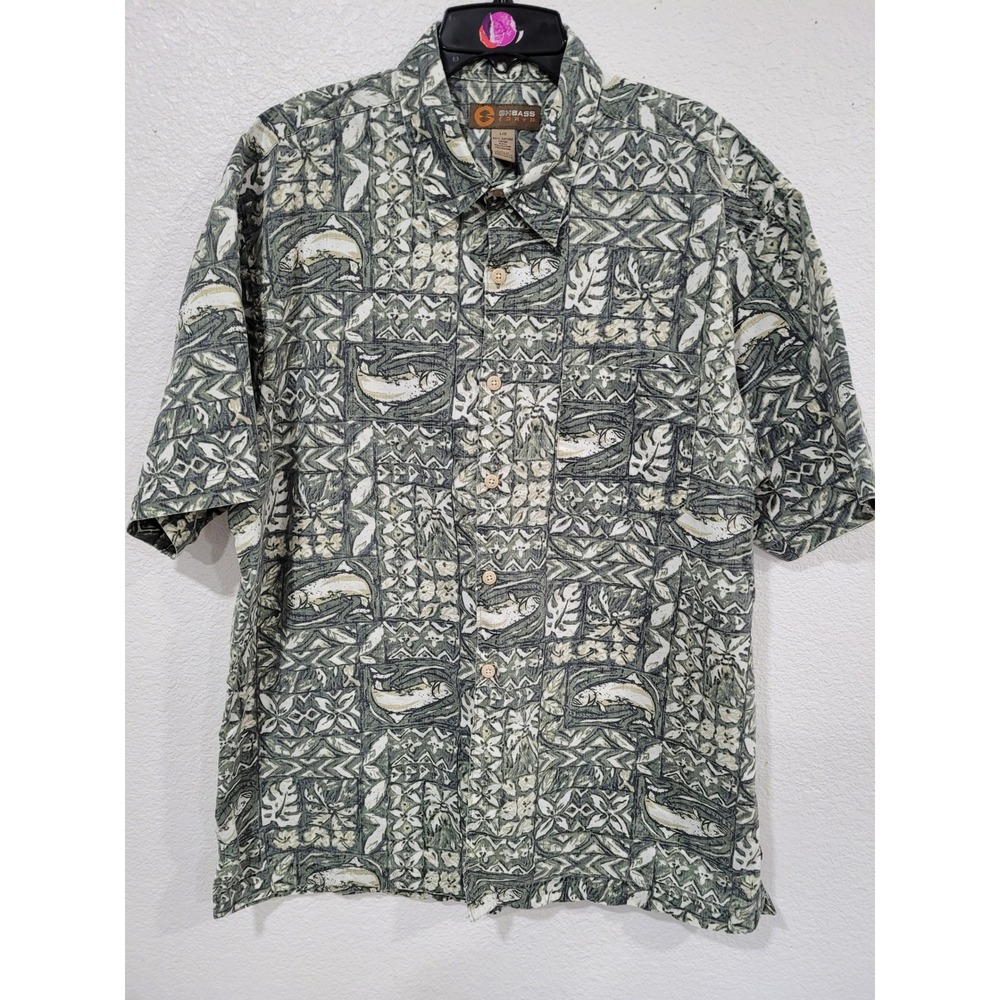 GH Bass Earth Mens Large Button Up Shirt Short Sleeve Fish Print‎ Casual #11